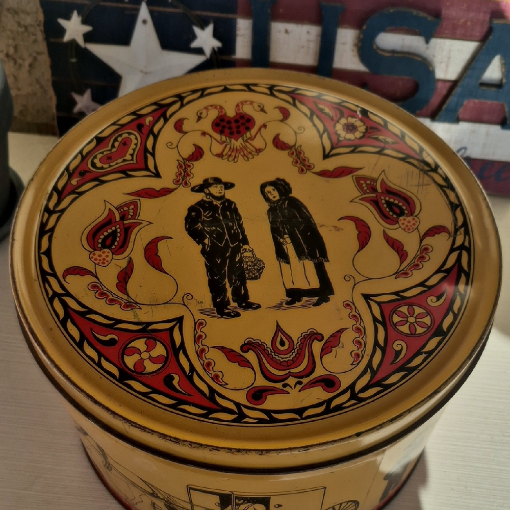 Folk Art Decorative Tin in Red and Gold